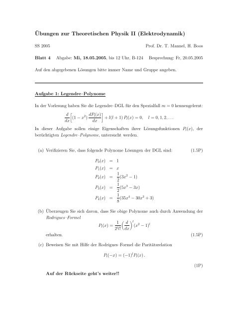 Â¨Ubungen zur Theoretischen Physik II (Elektrodynamik)