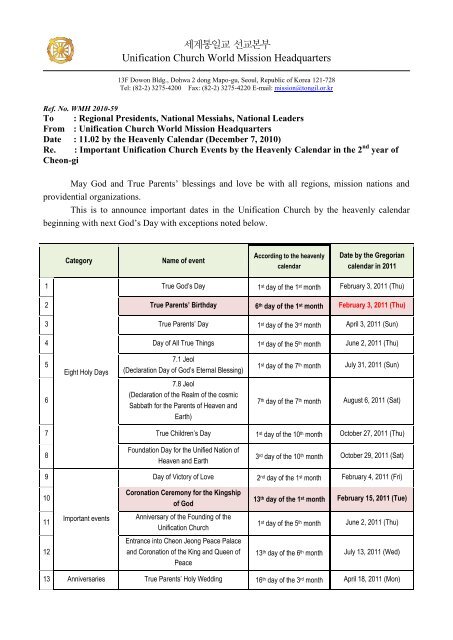 Important Unification Church Events by the Heavenly Calendar in ...