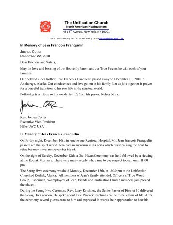 In Memory of Jean Francois Franquelin - True Parents Organization