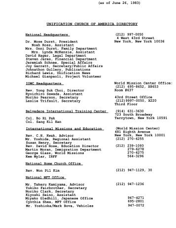 Unification Church of America Directory - Mose Durst - June 26, 1983
