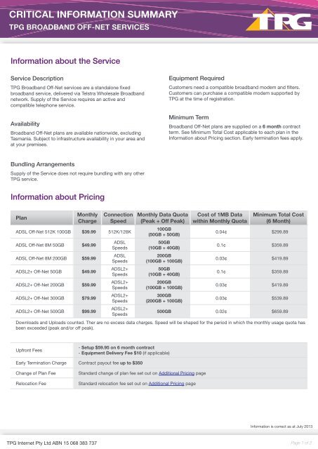 CRITICIAL INFORMATION SUMMARY - TPG Internet