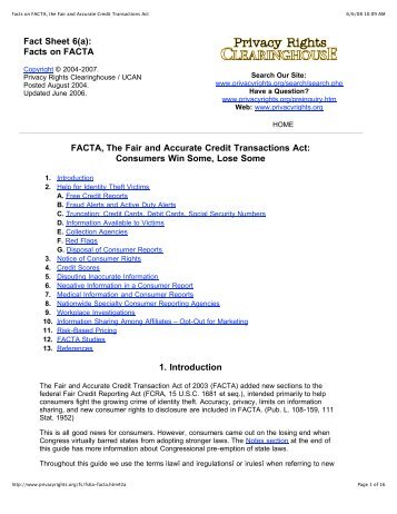 Facts on FACTA, the Fair and Accurate Credit Transactions Act