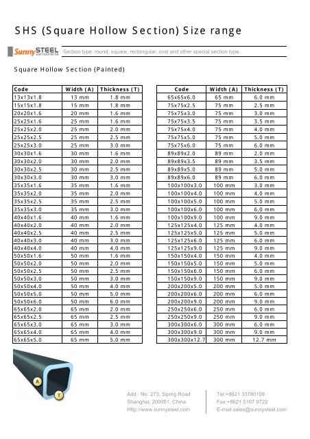 SHS (Square Hollow Section) Size range