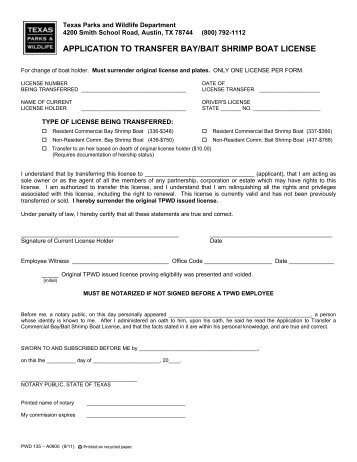 application to transfer bay/bait shrimp boat license - Texas Parks ...