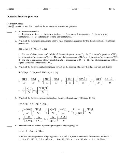 Kinetics Practice Questions