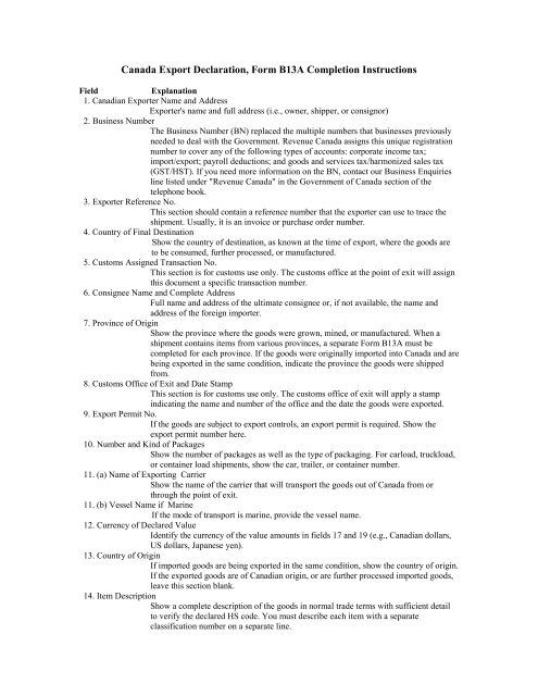 Form B13A, Export Declaration, completion instructions