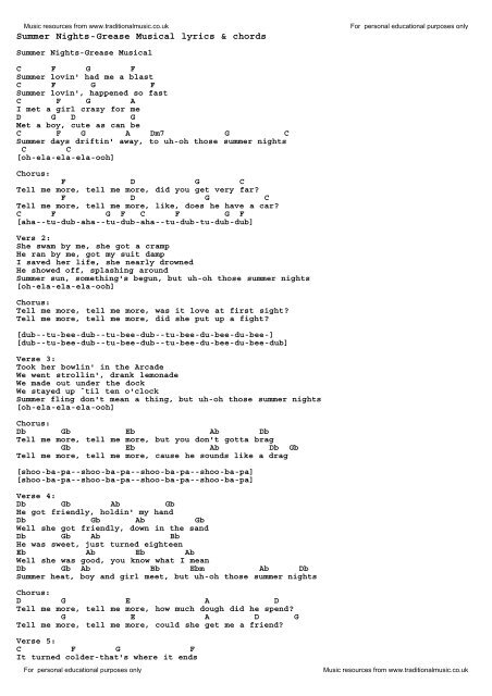 Summer Nights-Grease Musical lyrics &amp; chords - Traditional Music ...