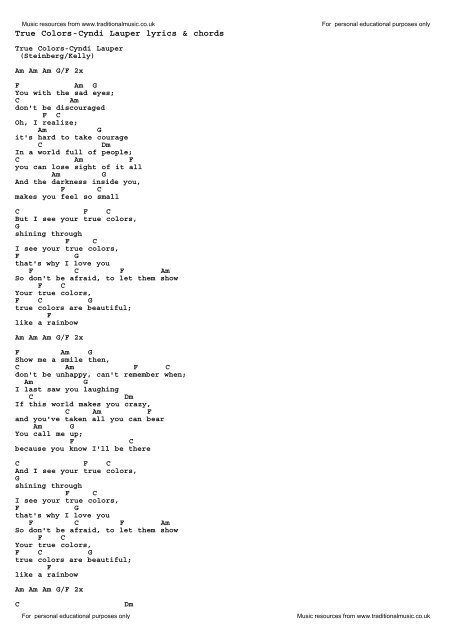 True Colors-Cyndi Lauper lyrics &amp; chords - Traditional Music Library