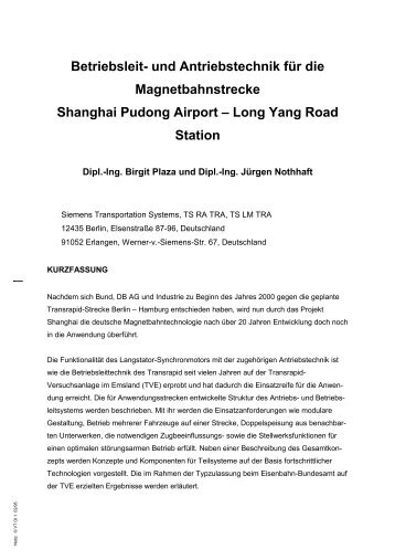 und Antriebstechnik fÃ¼r die Magnetbahnstrecke Shanghai Pudong Airport