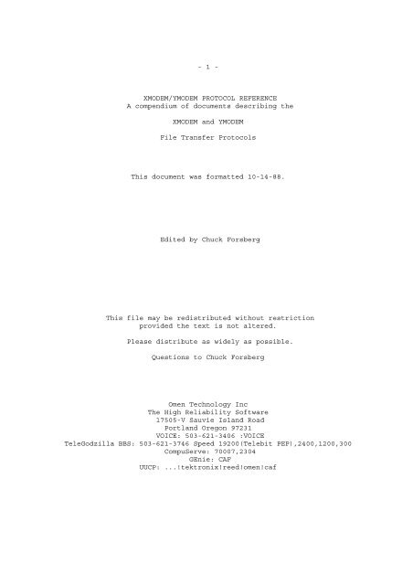 - 1 - XMODEM/YMODEM PROTOCOL REFERENCE A compendium ...