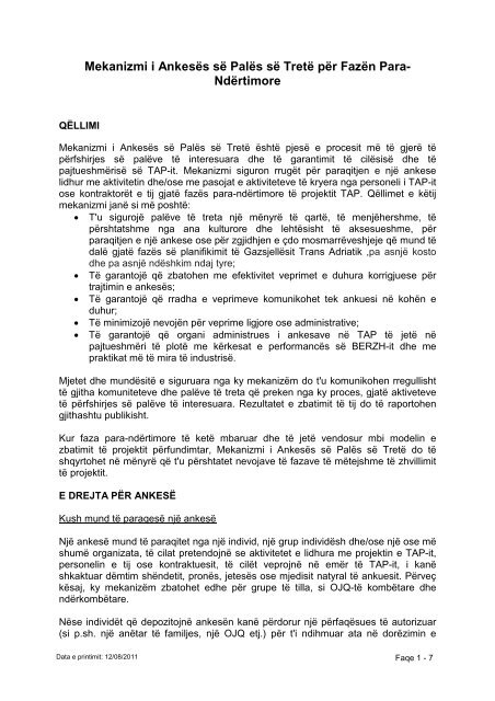 Third Party Grievance Mechanism for Pre-Construction Phase