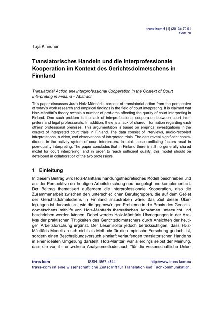 Translatorisches Handeln und die interprofessionale ... - trans-kom