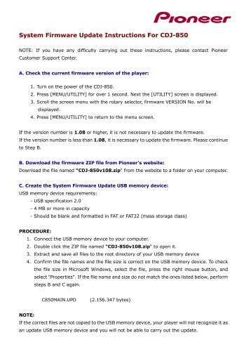 System Firmware Update Instructions For CDJ-850 - Pioneer