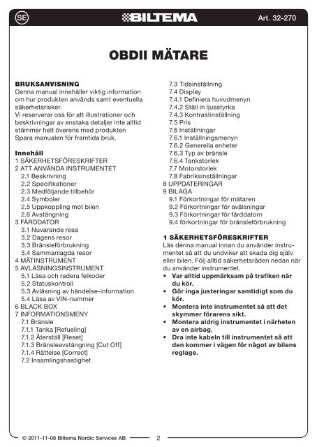 OBDII MÃTARE OBDII-MÃLER OBDII-MITTARI - Biltema