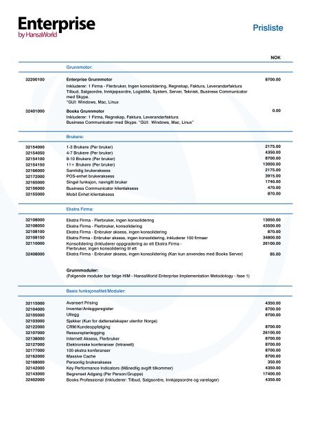 Prisliste - HansaWorld