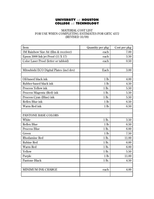 Raw Material Cost List - University of Houston