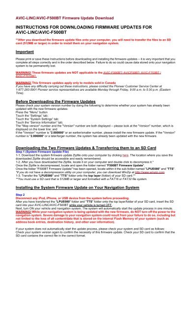 AVIC-LINC Firmware Update Instructions - Pioneer