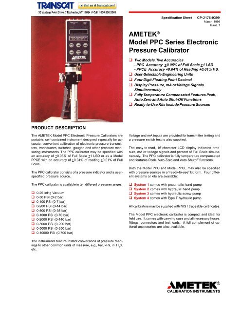 AMETEK Model PPC Series Electronic Pressure Calibrator - Transcat