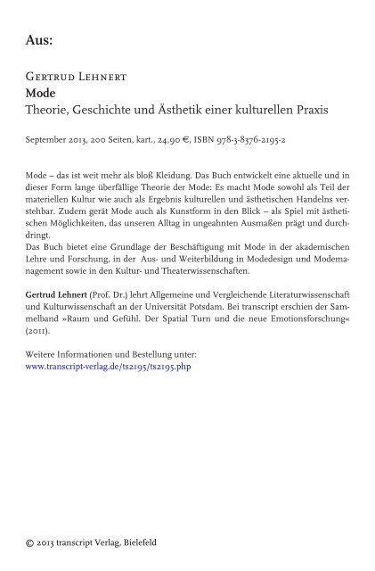 Gertrud Lehnert Mode Theorie, Geschichte und ... - transcript Verlag