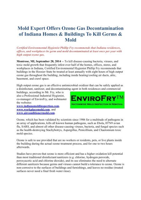 Mold Expert Offers Ozone Gas Decontamination of Indiana Homes & Buildings To Kill Germs & Mold