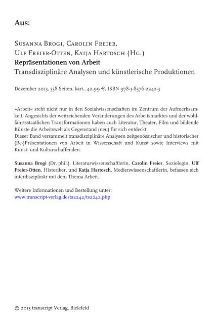 Repräsentationen von Arbeit - Transdisziplinäre ... - transcript Verlag