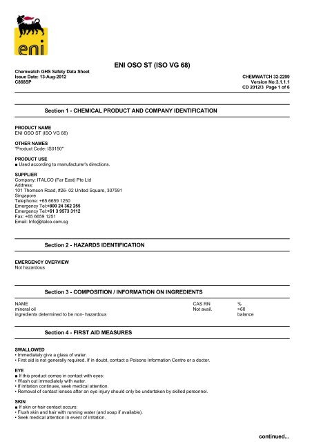 ENI OSO ST (ISO VG 68) GHS SDS 32-2299 - TransDiesel