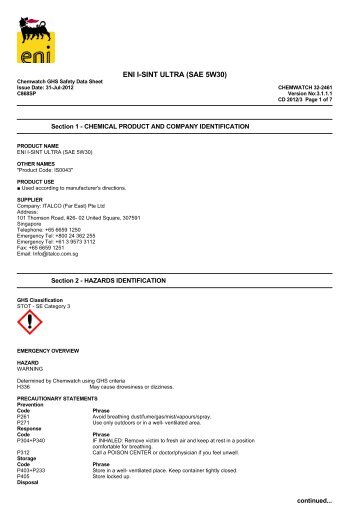 eni i-sint ultra (sae 5w30) ghs sds 32-2461 - TransDiesel