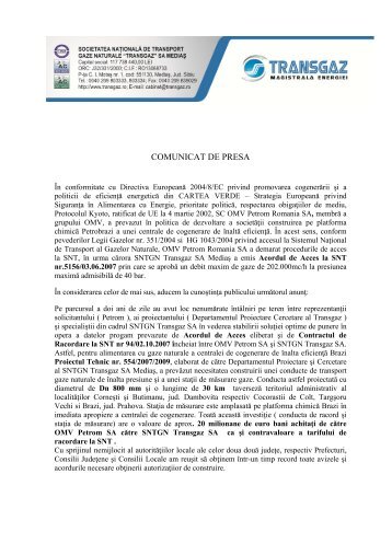 COMUNICAT DE PRESA - Transgaz