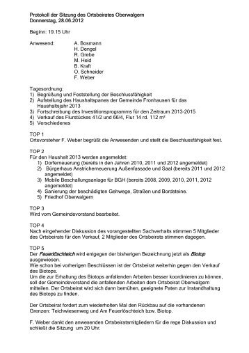 Protokoll der Sitzung des Ortsbeirates Oberwalgern ... - Fronhausen