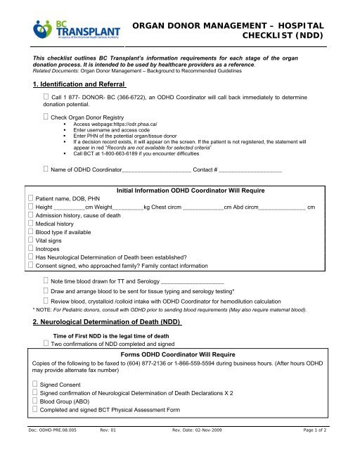 ORGAN DONOR MANAGEMENT â HOSPITAL CHECKLIST (NDD)