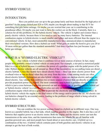 WHAT IS A "HYBRID ELECTRIC VEHICLE"? HYBRID STRUCTURE: