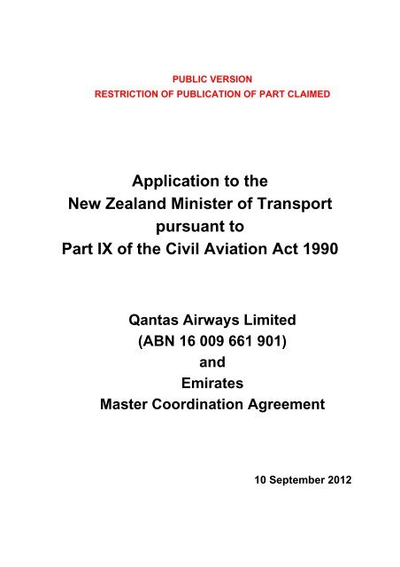 Application to the New Zealand Minister of Transport pursuant to ...
