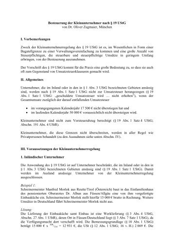 Besteuerung der Kleinunternehmer nach Â§ 19 UStG von Dr. Oliver ...