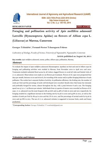 Foraging and pollination activity of Apis mellifera adansonii Latreille (Hymenoptera: Apidae) on flowers of Allium cepa L. (Liliaceae) at Maroua, Cameroon