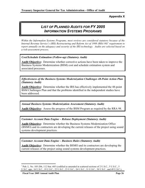 Annual Audit Plan -- FY2005 - Department of the Treasury