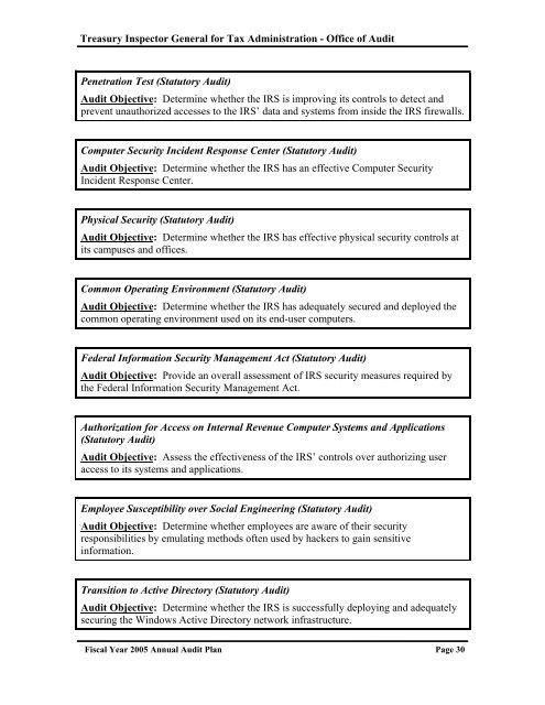 Annual Audit Plan -- FY2005 - Department of the Treasury