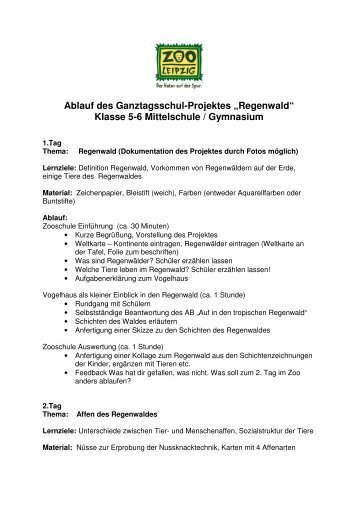 Ablauf des Ganztagsschul-Projektes „Regenwald“ Klasse 5-6 ...