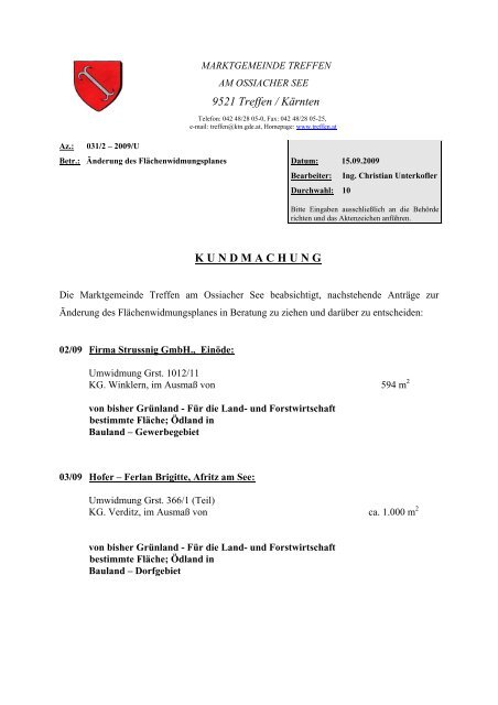 9521 Treffen / KÃ¤rnten K U N D M A C H U N G - Marktgemeinde ...