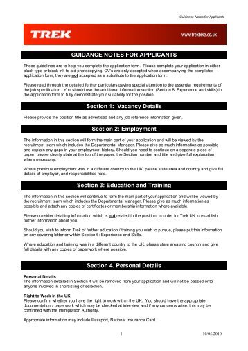 TREK GUIDANCE NOTES FOR APPLICANTS - May 2010