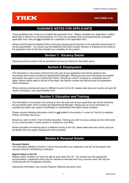 TREK GUIDANCE NOTES FOR APPLICANTS - May 2010