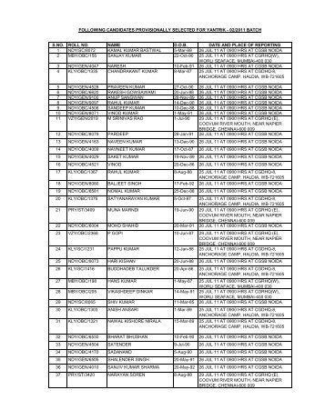 following candidates provisionally selected for yantrik - 02/2011