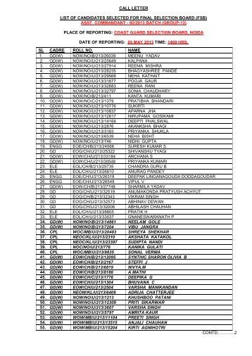 call letter list of candidates selected for final selection board