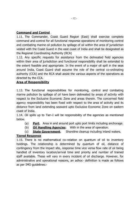 eastern region oil spill disaster contingency plan - Indian Coast Guard