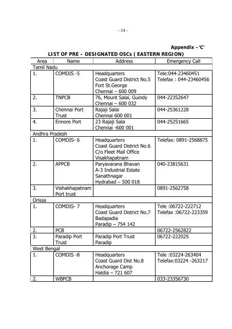 eastern region oil spill disaster contingency plan - Indian Coast Guard