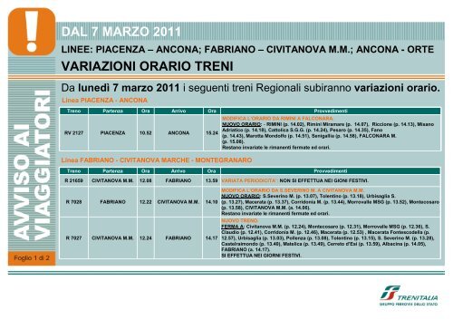 VARIAZIONI ORARIO TRENI DAL 7 MARZO 2011 - Trenitalia