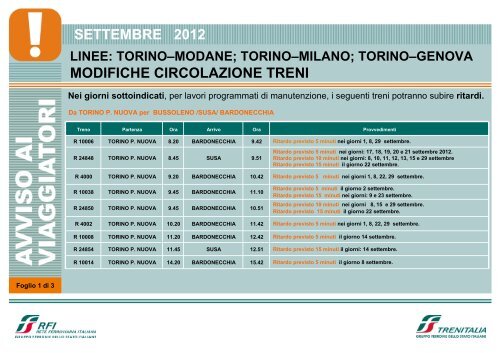 MODIFICHE CIRCOLAZIONE TRENI SETTEMBRE 2012 - Trenitalia