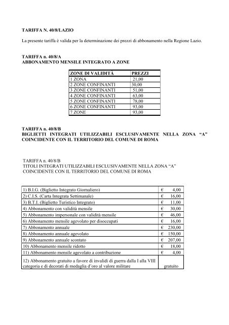 TARIFFA N. 40/8/LAZIO La presente tariffa è valida per la ... - Trenitalia