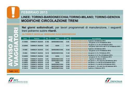 MODIFICHE CIRCOLAZIONE TRENI FEBBRAIO 2013 - Trenitalia