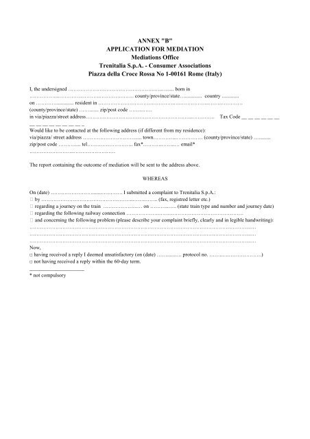 Conciliation application form - Trenitalia