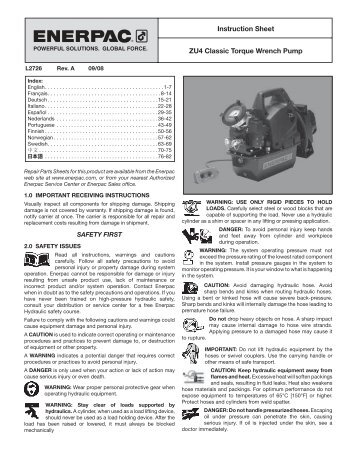 Instruction Sheet ZU4 Classic Torque Wrench Pump - Enerpac